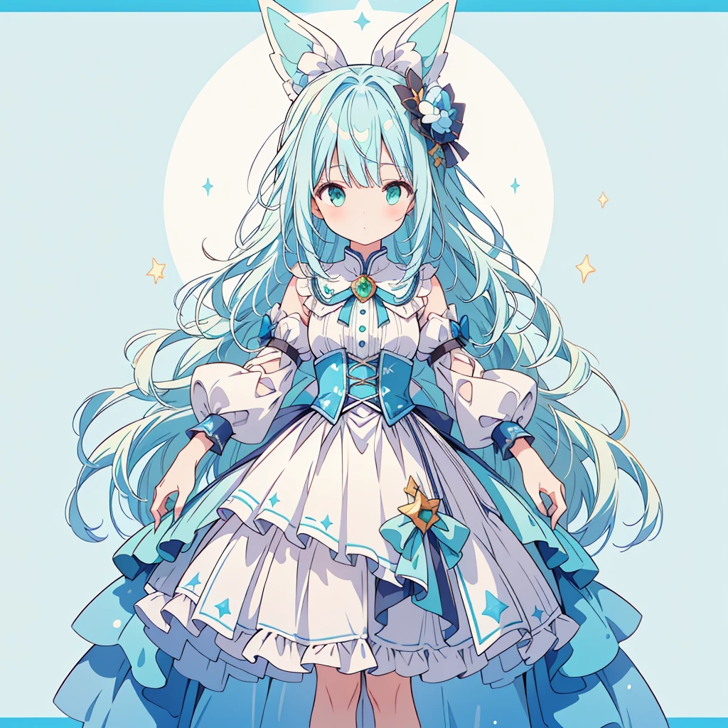 1girl、Star Fairy、Star incarnation、Character design front view、A picture facing the viewer、(((Super detailed、Highest quality、Masterpiece)))、Original cute hairstyle、Milky white and blue hair color、Simple Green Background、vtuber-fullbody,Alice、