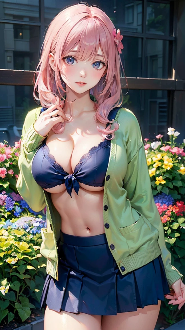 ((Highest quality, 8k, masterpiece :1.3)), (Sharp focus :1.2, Beautiful woman with perfect figure :1.4, Slim Abs :1.2), ((Big Breasts, Emphasize cleavage, The underboob is visible:1.3)), (Photorealistic:1.4), (realistic:1.4), (Pink Hair:1.5), Highly detailed face and skin texture, Fine grain, double eyelid. Makeup face, A little bit of lipstick, sex appeal, Sexy gravure pose, ((Green cardigan and navy blue skirt、The background is a garden、High school girls picking flowers、Flower Hair Ornaments。:1.3)