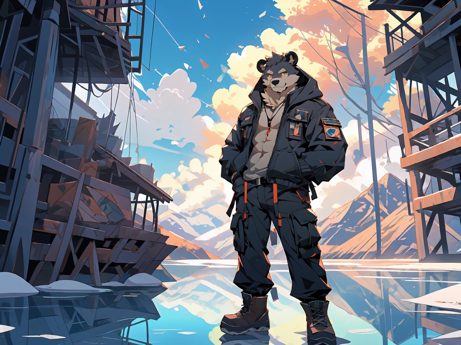 (masterpiece:1.2), best quality,pixiv,official art,perfect anatomy, (Ray tracing, light),solo, (1_male:1.3) , (muscle), (grey fur:1.4), (muscle bear), (beard:1.2), (gleaming golden eyes), bear tail, full body, Thick black eyebrows,(open hooded parka), (naked inside), (cargo pants:1.2), boots , blue sky, lake, sunny , reflection, (Salar de Uyuni:1.3), cloudy, outside, wild, (lake:1.3)