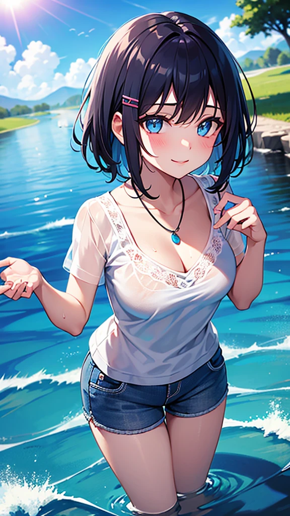 {1girl}, {solo}, best illustration, [[{smile}]], {{{{best quality}}}}, {{day}}, {{{dynamic angle}}}, light_blue_hair, curly_hair, short hair, summer, {stocking}, [wet clothes], {{{{masterpiece}}}}, {{{dynamic hair}}}, {{{dynamic pose}}}, {{blushing}}, {{{beautiful-detailed hands}}}, hyper detailed, {{white shirt}}, shorts, medium breasts, {{{beautiful_detailed_eyes}}}, {{river}}, {{{glow_blue_eyes}}}, {{cinematic lighting}}, {{light_from_behind}}, {{{{glow_blue_particles}}}}, glow_pink_eyes, reflection, bright_sky, {{brightness_eyes}}, {blue necklace}, {{sun light}}, cloud, {{reflected_on_water}}, looking veiwer, blue_hair_clip, splash water, from above,