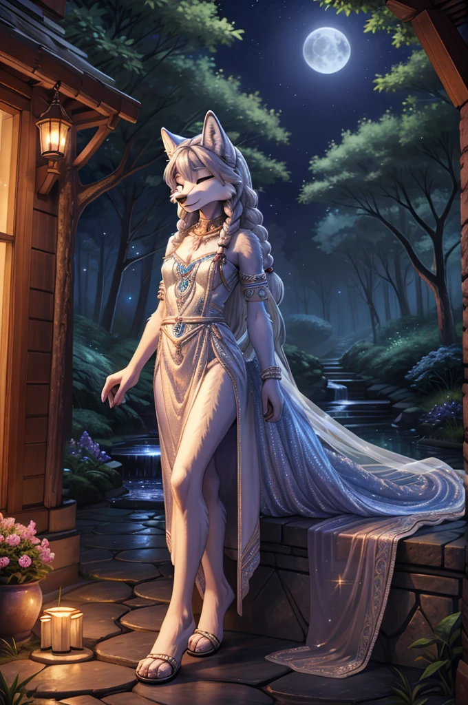 beautiful, (masterpiece), high quality, Highly detailed CG Unity 8k wallpaper, High resolution, perfect lighting, youthful, adolescent, tall, slim, skinny, frail slender figure, slim legs, medium breasts, anthropomorphic furry wolf princess, narrow hips, long legs, thick, fluffy, volumetric fur, midnight blue and silver fur, shimmering with starlight, deep sapphire eyes, long flowing silver hair with intricate braids, wearing casual fantasy gown, casual yet regal.
Head: slightly tilted back, eyes closed, content smile, relaxed and serene expression.
Arms: one arm gently holding the other, fingers interlaced, resting gracefully in front of her.
Legs: one leg slightly bent at the knee, other straight, feet adorned with delicate silver sandals, standing on a cobblestone path under a moonlit sky.
Scene: on a honeymoon night in an enchanted forest, glowing lanterns hanging from ancient trees, ethereal glow illuminating her figure, creating a magical, romantic atmosphere.