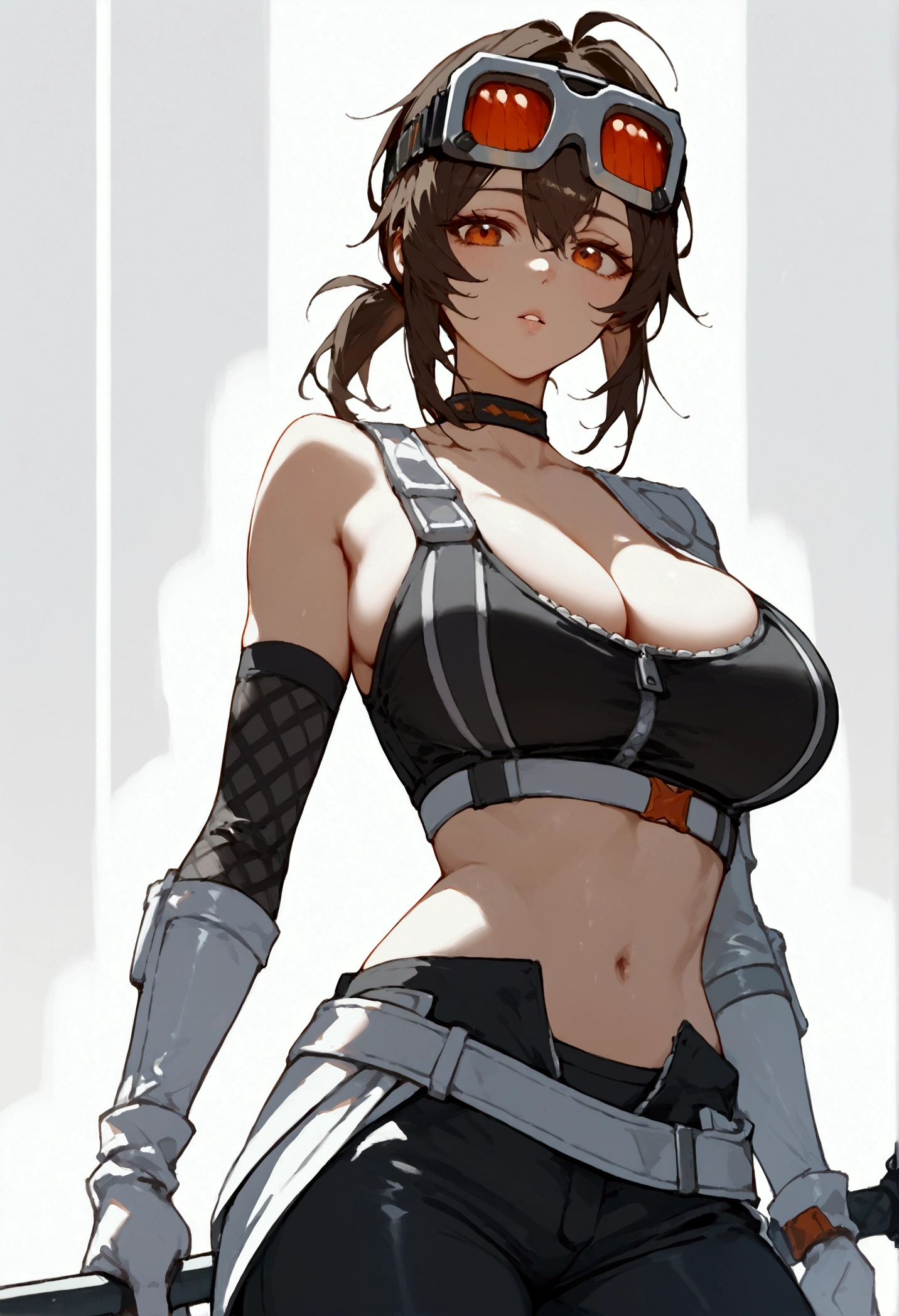 score_9, score_8_up, score_7_up, score_9, BREAK, 1girl,big breasts, solo, score_9, score_8, score_8_up, gracehd-ponyxl, 1girl, black choker, black gloves, white gloves, black pants, black sports bra, elbow gloves, goggles on head, looking at viewer, low ponytail, parted lips, white gloves, zipper, belt