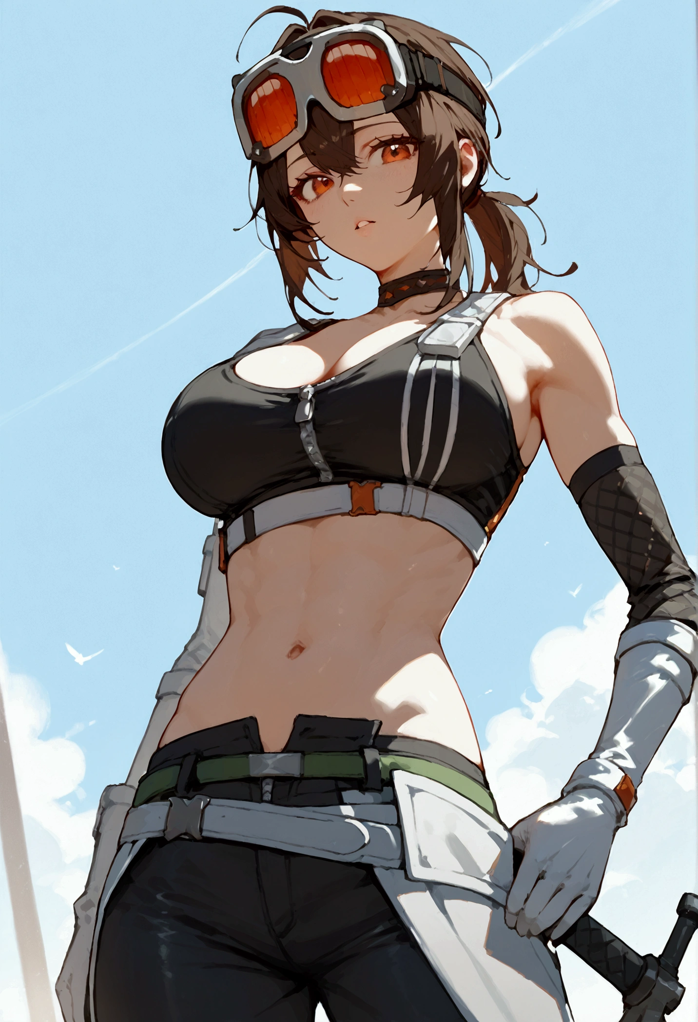 score_9, score_8_up, score_7_up, score_9, BREAK, 1girl,big breasts, solo, score_9, score_8, score_8_up, gracehd-ponyxl, 1girl, black choker, black gloves, white gloves, black pants, black sports bra, elbow gloves, goggles on head, looking at viewer, low ponytail, parted lips, white gloves, zipper, belt