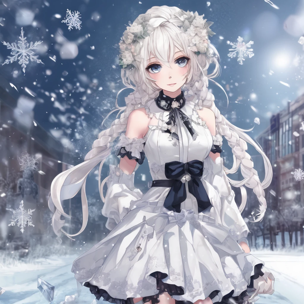 EAH, ice, tenure, crystal winter, wide, snowflakes, cross-laced shoes, white shoes, very wide, pistol, collar, tenure flower, 1 girl, teeth, dress, eyelashes, Upper part of the body