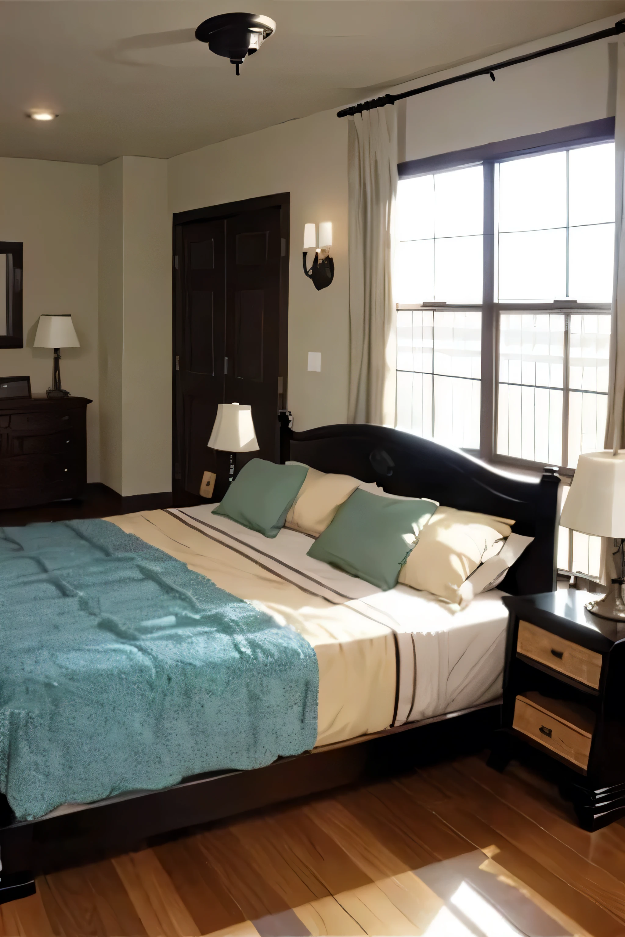 Master bedroom with a gramophone in a night stand, king size bed and a clasic forniture, anime style
