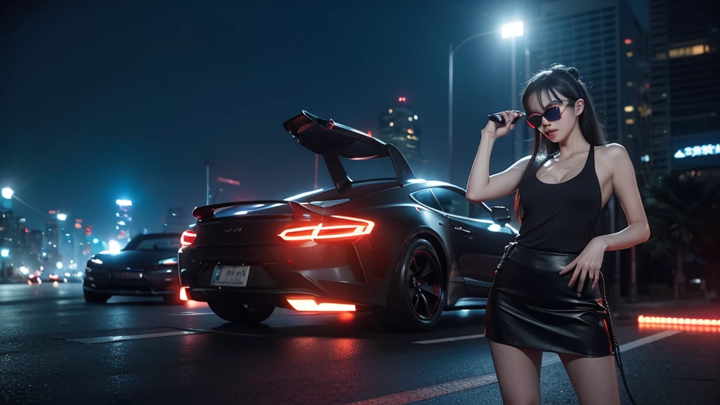 at night, blue cyberpunk city, red sports car. (((1girl, solo, alone))), large-breast:1.2 slim body, cleavage:1.1, sexy miniskirt, (((headphone, black sunglasses, standing and holding pistol pose))), (((half-body thigh level medium shot))), cinematic lighting, lens flare, ray tracing.