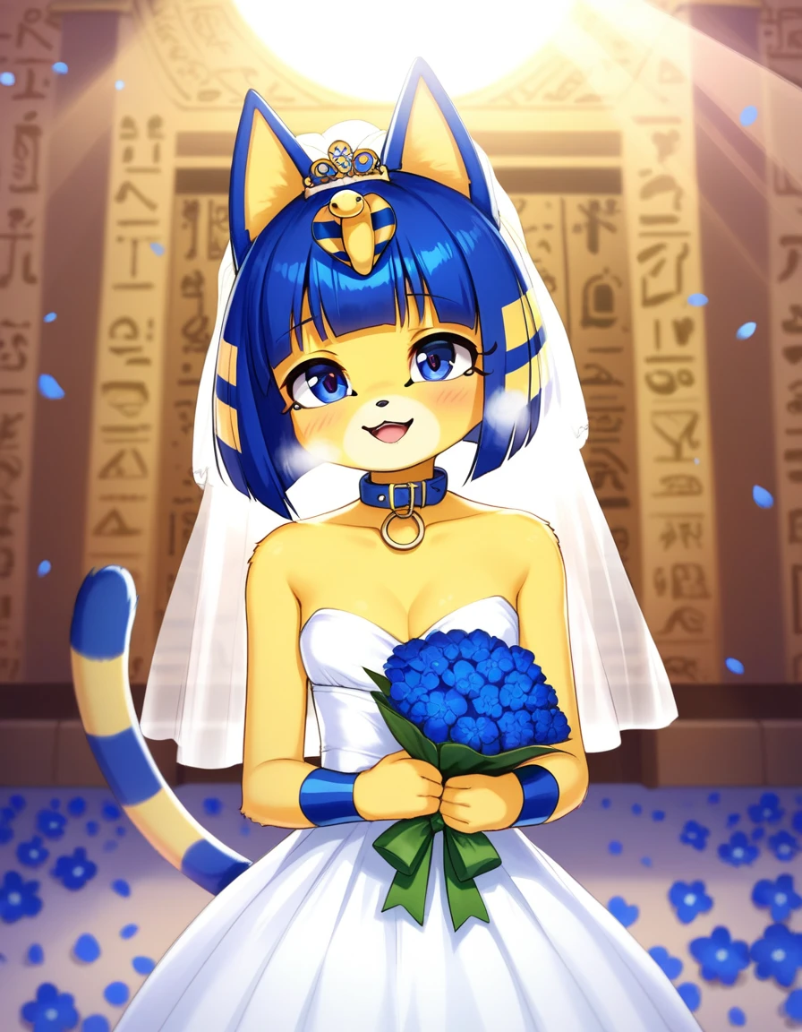 [isaCrossing], [Isabelle; Animal Crossing], [Uploaded to e621.net; (Pixelsketcher)], kemono, dagasi, solo female ankha \(animal crossing\) with ((tiny and short body with yellow fur)), (blue hair), (blue eyes), (yellow and blue striped cat tail), ((anthro furry)), (wearing cute wedding dress:1.4), (egyptian collar), ((small breasts)), (cleavage), (detailed fluffy fur), (front view, looking at viewer), BREAK, ((standing)), (heavy breathing), (holding a bouquet of blue flowers), (happy expression), (shy), (detailed background, egyptian temple background, depth of field, half body shadow, sunlight, ambient light on the body), (intricate:1), (high detail:1.3), (unreal engine:1.2), (soft focus:1.15), [explicit content, questionable content], (masterpiece, best quality, 4k, 2k, shaded, absurd res)