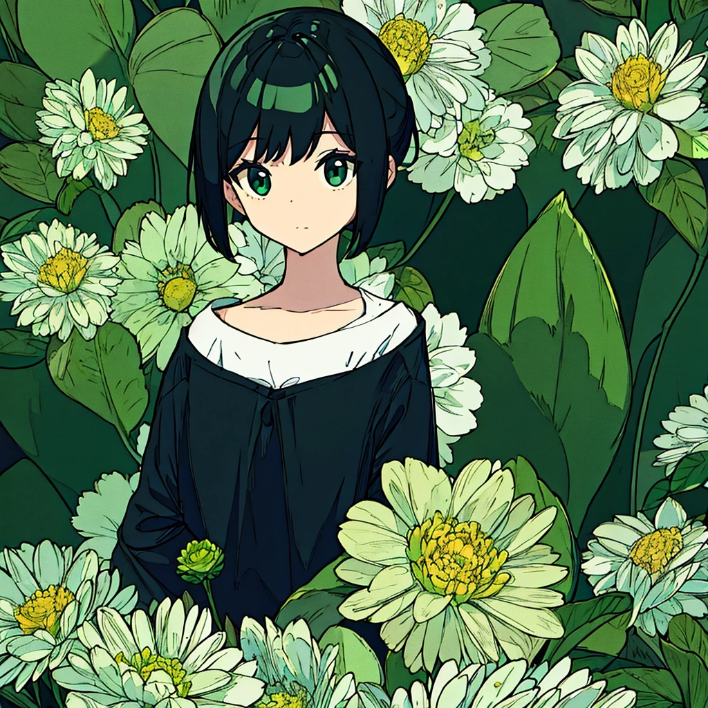 Green background, plain, simple, woman in black, flower