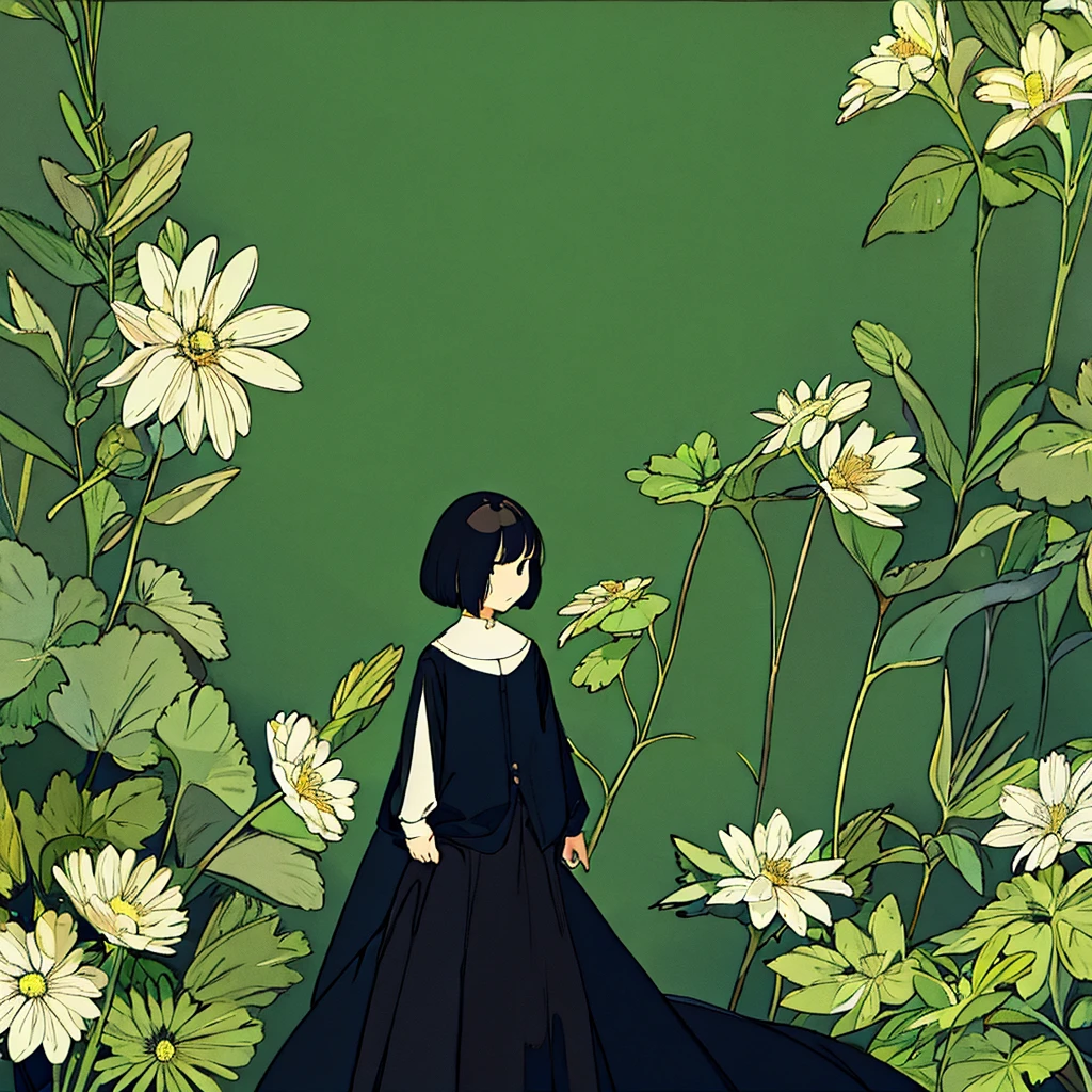 Green background, plain, simple, woman in black, flower