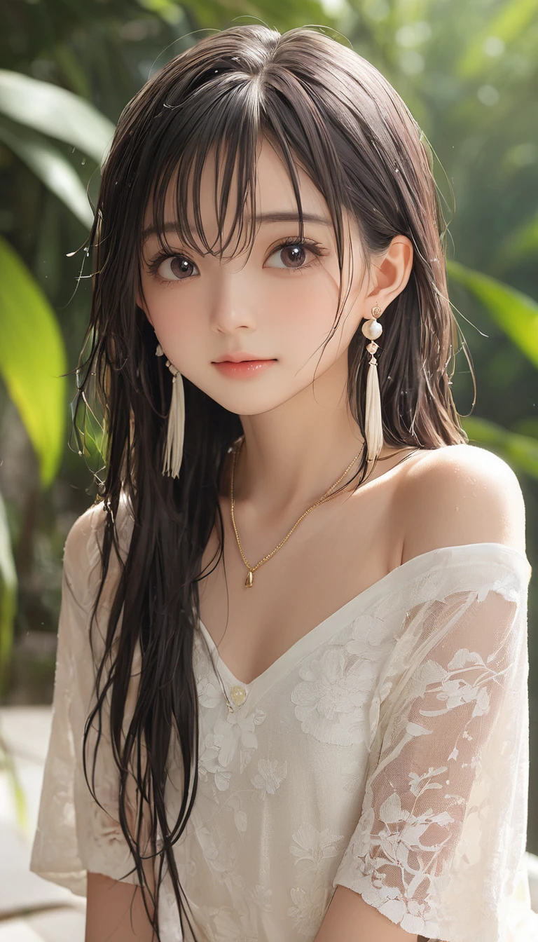 (masterpiece, Highest quality:1.2), One girl, alone,bony body、15 years old、wet hair、Earrings