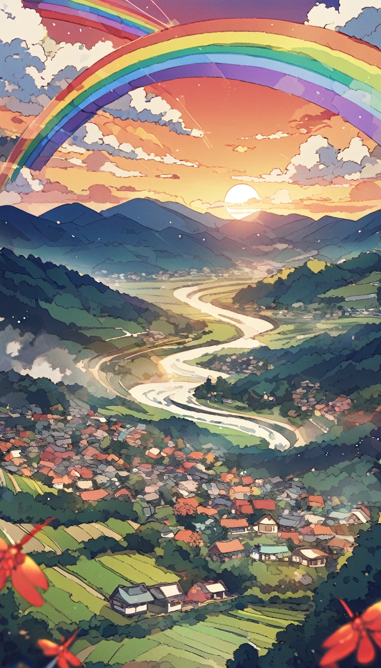 Mountainにかかる虹へ、Road after the rain、Paddy field、Mountain、Rainbow Art、Countryside view、Japan countryside、sunset、Red dragonfly、