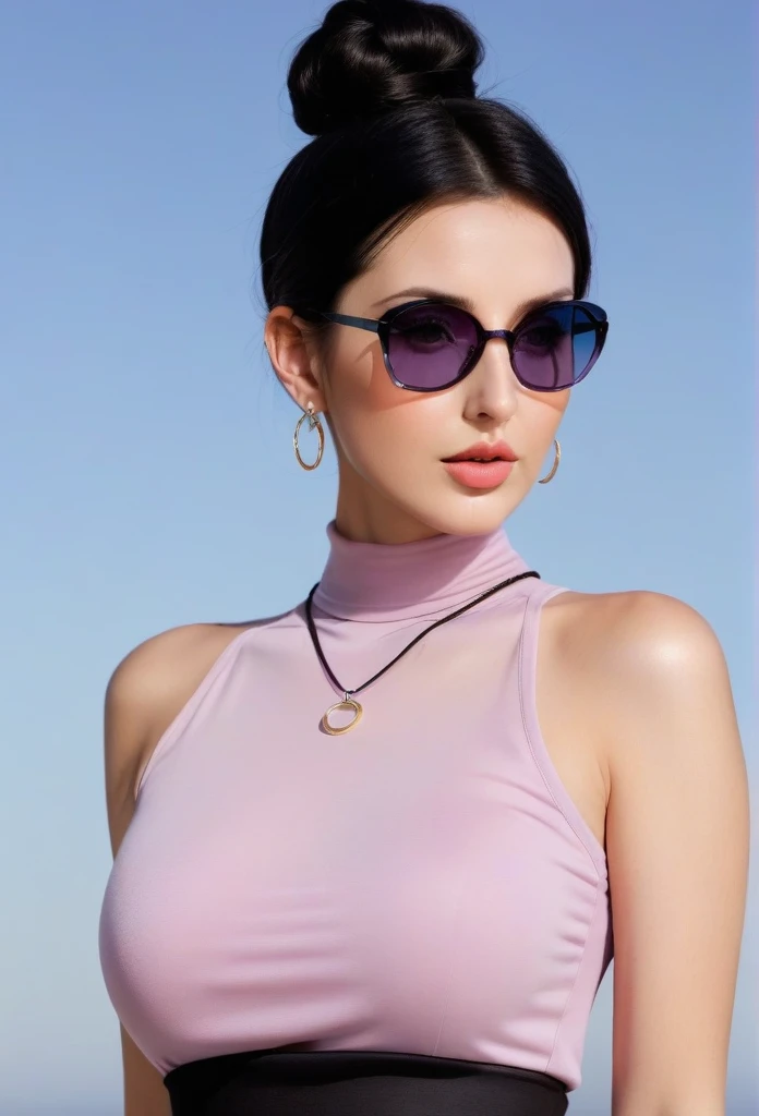 Hot sexy beautiful milf mom , hoops earrings,black hair,long slick back hair,blush,blue eyes, necklace ,one hair bun, lipstick,  a light purple turtleneck, dark, flowing transparent lobg skirt,black sunglasses on head, protruding ass, waist shot, ass to camera