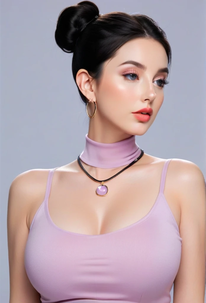 Hot sexy beautiful milf mom , hoops earrings,black hair,long slick back hair,blush,blue eyes, necklace ,one hair bun, lipstick,  a light purple turtleneck, dark, flowing transparent lobg skirt,black sunglasses on head, protruding ass, waist shot, ass to camera