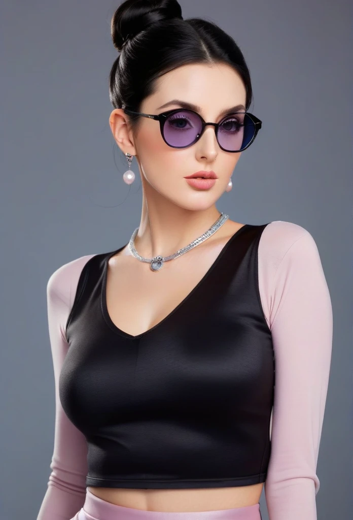 Hot sexy beautiful milf mom , hoops earrings,black hair,long slick back hair,blush,blue eyes, necklace ,one hair bun, lipstick,  a light purple turtleneck, dark, flowing transparent lobg skirt,black sunglasses on head, protruding ass, waist shot, ass to camera