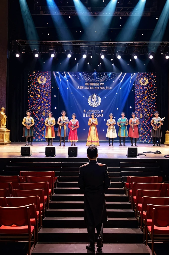 Theme: Voice of Language International Performance of Asia-Pacific Youth Growth Program
Design style:
High-end: The picture should be high-end, reflecting the authority and internationality of the event.
Visual impact: Use bright, contrasting colors and light and shadow effects to create a strong visual impact.
Scene description:
Stage: A grand stage with elegant lighting, the central background is the UNESCO logo, and the stage is dotted with various cultural elements to highlight international participation.
Performers: A diverse group of young performers are reciting poems or performing language performances. They are dressed in formal dresses, confident and passionate.
Details: Patterns and symbols symbolizing different cultures are incorporated into the background to emphasize cultural diversity. The words "UNESCO Asia-Pacific Youth Growth Program - Voice of Language International Performance" can be placed above the stage or in the background to highlight the theme of the event.
Atmosphere:
Grand and glorious: The overall atmosphere should appear grand and glorious, conveying the importance of the event and the integration of cultures.
Authority and internationality: The authority and international participation of the event are reflected through design elements and details, so that the audience can feel the honor of participating in the event