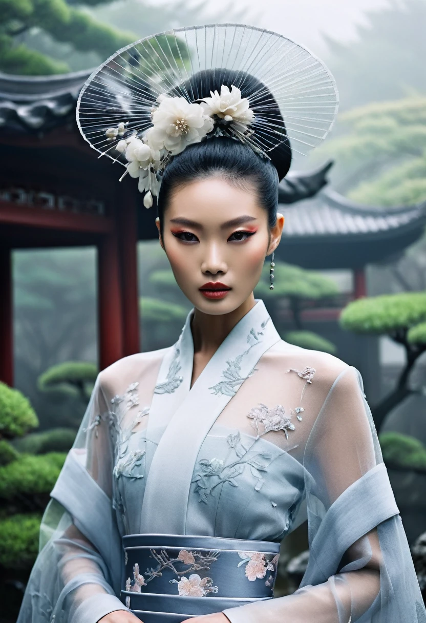 a top model looks like supermodel dujuan wearing new chinese style haute couture high fashion foggy japanese garden delicate skin texture