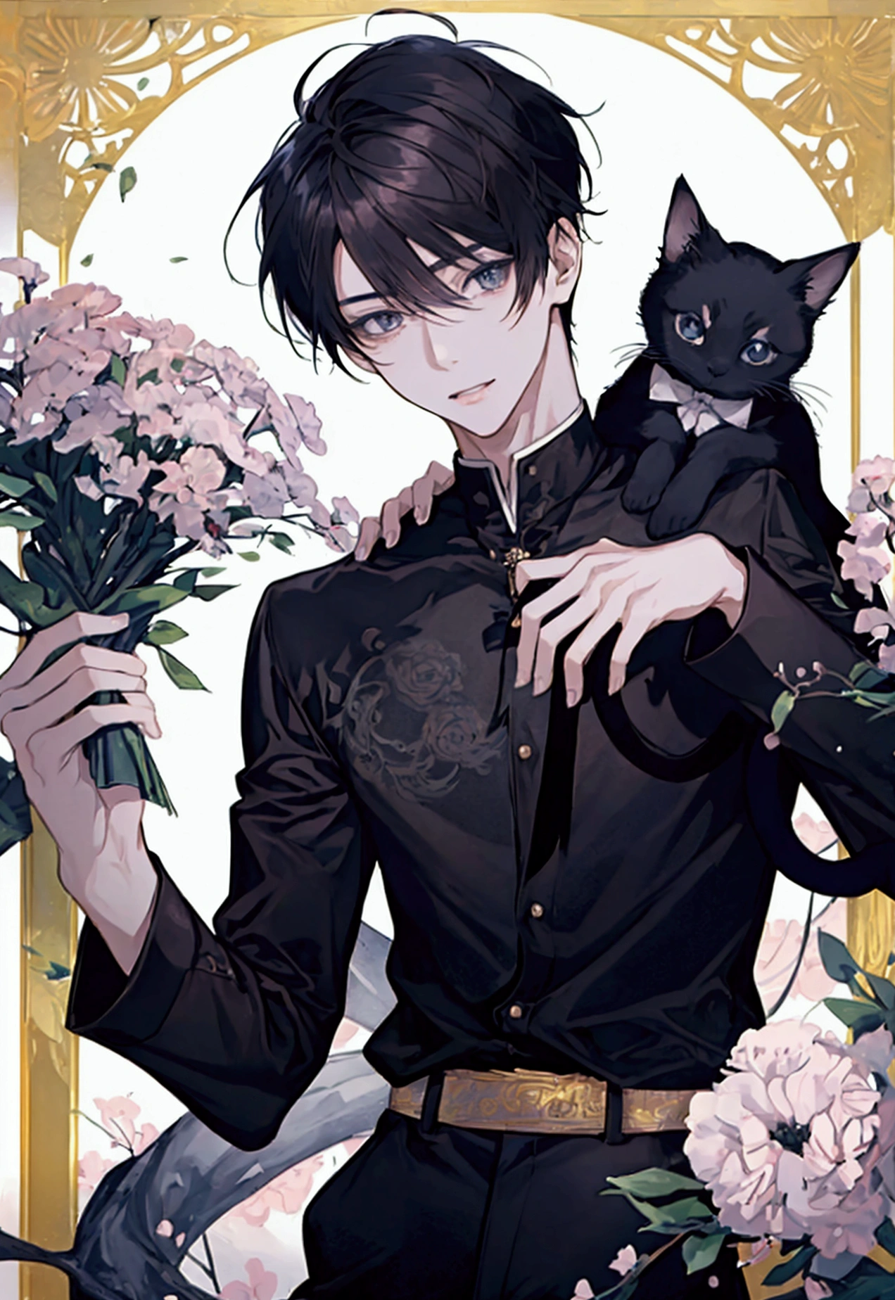 masterpiece, best quality, extremely detailed, anime, 1boy, solo, upper body, good-looking guy, ikemen, beautiful boy, handsome boy, slim and thin, short hair, black hair, shirt, long sleeve, hugging a little kitten, warm smile, ,