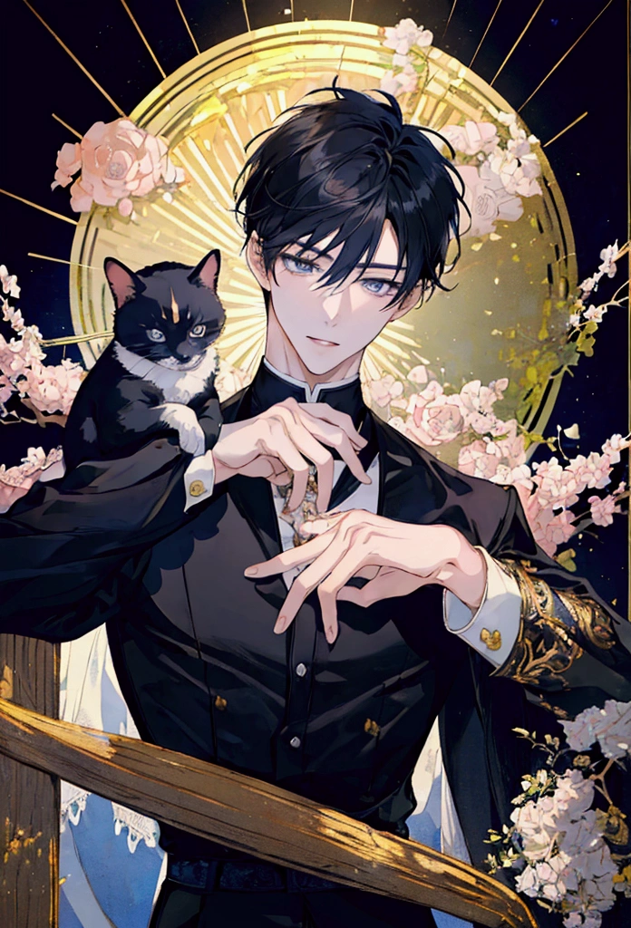 masterpiece, best quality, extremely detailed, anime, 1boy, solo, upper body, good-looking guy, ikemen, beautiful boy, handsome boy, slim and thin, short hair, black hair, shirt, long sleeve, hugging a little kitten, warm smile, ,