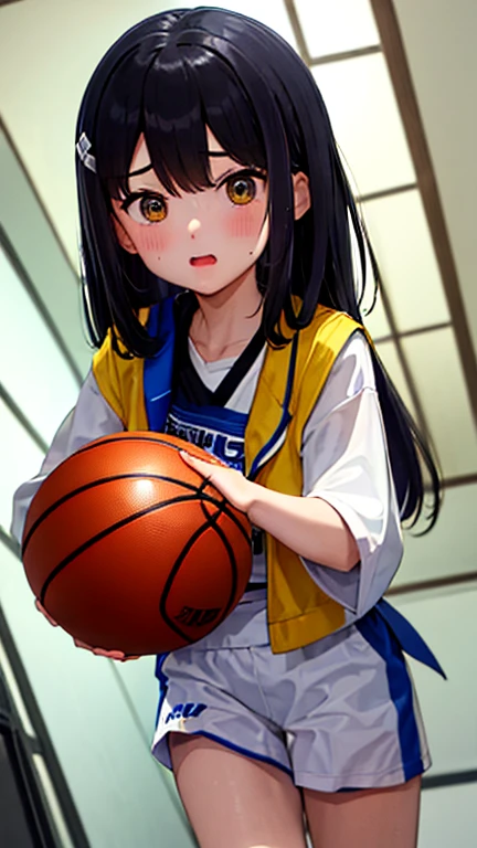 ((Highest quality)), ((masterpiece)), (detailed), One girl, basketball、（（shoot、ダンクshoot））、（One-handed dunk）、Slam Dunk、Black Hair、Shortcuts、basketballコート、indoor、gym、From above、Uplifting、（（Japanese、high school girl））Slam the ball into the goal、Sweat、飛び散るSweat、Wet、Super Jump、Jumping pretty high、