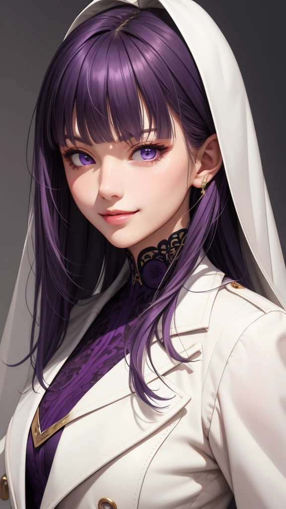 (masterpiece, best quality), intricate details, thin, ((slim)), beautiful girl, purple hair, blunt bangs, light purple eyes, sharp jawline, white coat, long hair, lips, upper body, close up, smirk