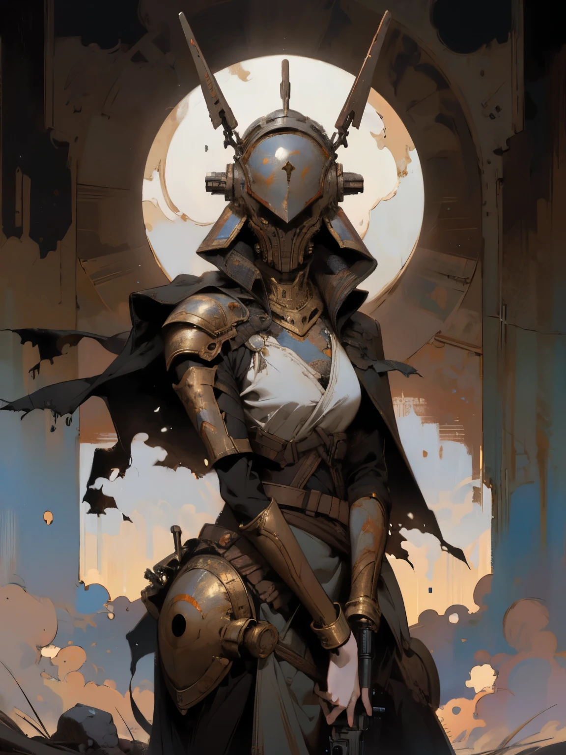 there is a woman holding a gun in front of a spaceship, ruined empire on the background, official character art, zombie from doom eternal, orianna, painting of c - 3 p 0, inspired by Sargent Johnson, heaven planet in background, juno promotional image, full helmet