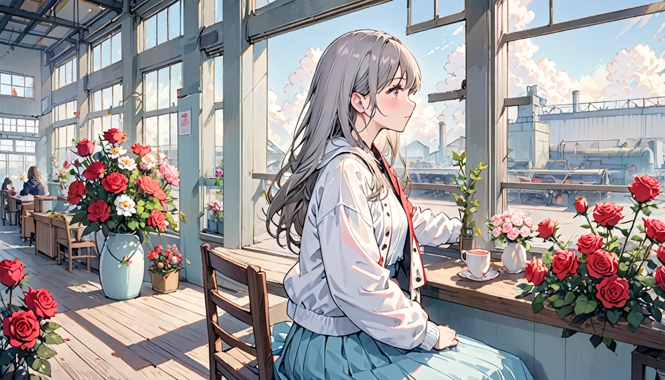 (masterpiece:1.2)、Highest quality、PIXIV、flot、 1girl, A woman、solo, Sitting, Long Hair, flower, Chair, Food,  Keep, Long sleeve, ピンクのskirt, Rose, skirt, Jacket, Grey Hair, surface, Pink Roses, Indoors, blush, bangs, factory, Keepカップ, のJacket, profile, coat, 長いskirt, flower瓶