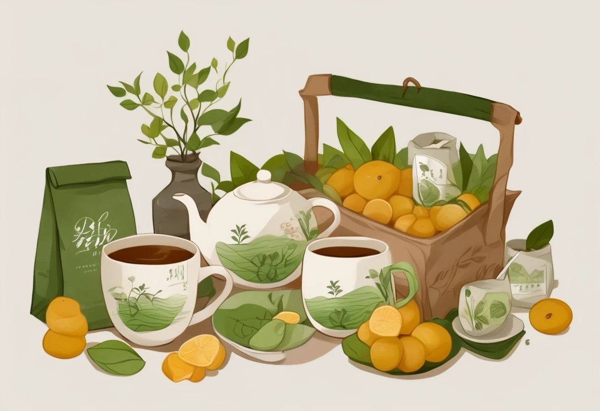 A set of tea sets for casual relaxation with illustrations,calligraphic fonts with green tones,coffee bags,paper bags,prints and accessories,with the theme of the harvest world,clean light gray background,(niji:2),hand-drawn,illustration style,