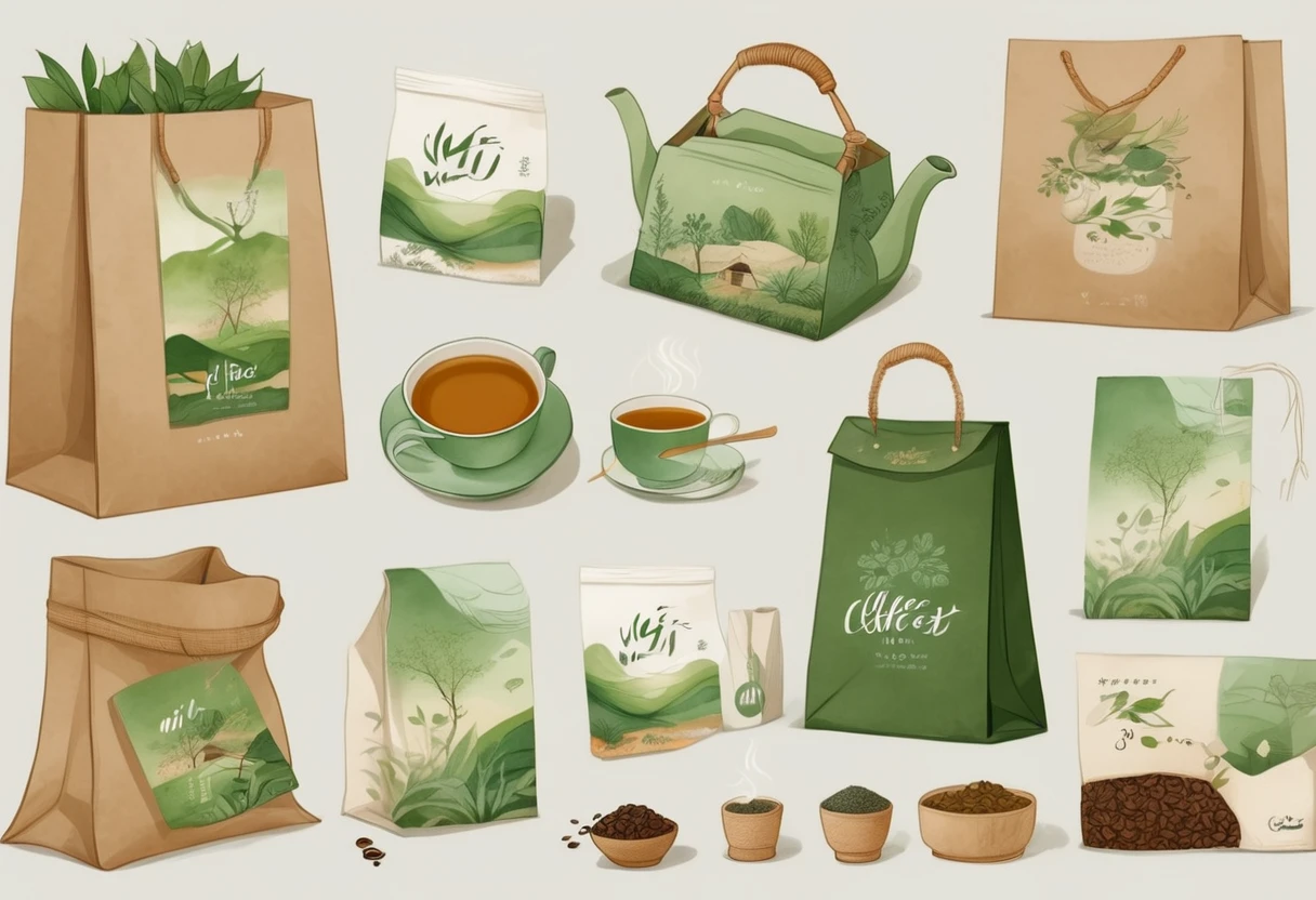 A set of tea sets for casual relaxation with illustrations,calligraphic fonts with green tones,coffee bags,paper bags,prints and accessories,with the theme of the harvest world,clean light gray background,(niji:2),hand-drawn,illustration style