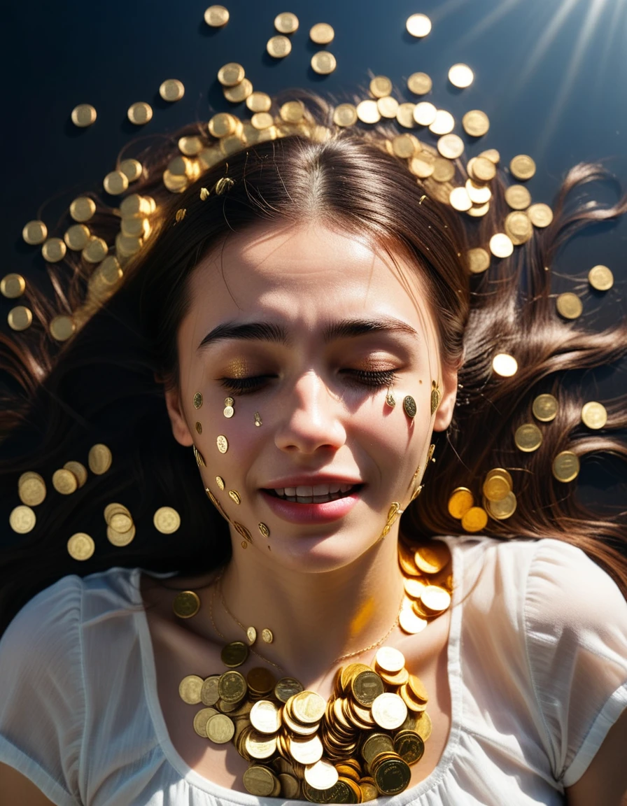 Artistic Photo, Photo of crying young woman covered with gold dollar coins, Overhead shot, Dazzling sunshine, complex, Flashy, translucent, Medium scenario, Grotesque art style, Extremely creative, Simple and mysterious, high quality, 8K