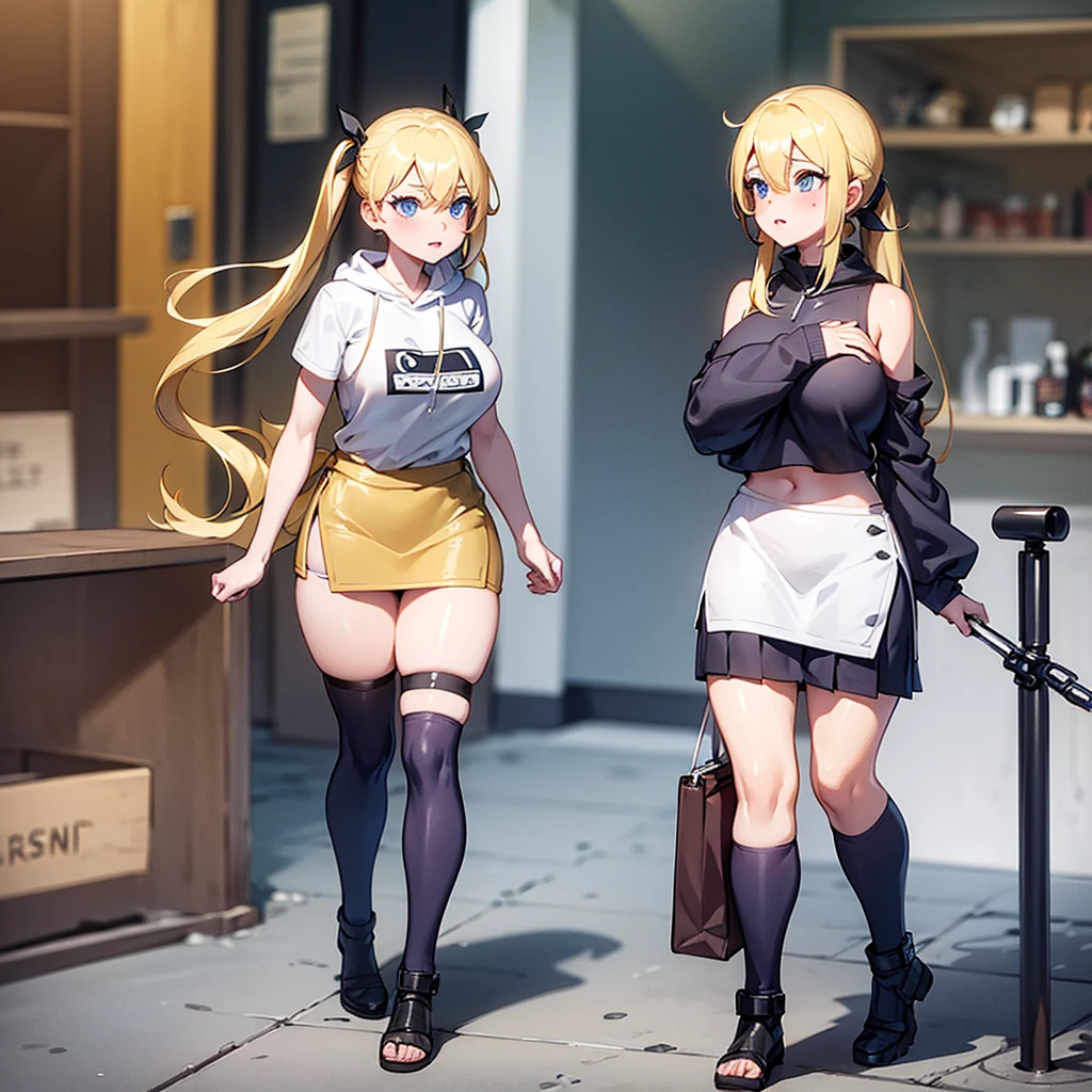 (masterpiece), best quality, expressive eyes, perfect face, happy face, gigantic breast, best quality, very long twintails, solo, skinny body, shortstack, blonde hair, twintails, blue eyes, full body, cropped hoodie, visible breasts, cute skirt, mall, JS, , visible breasts, walking, big underboob, white thigh highs, undersized clothes, thick thighs, ,artistixysdxl