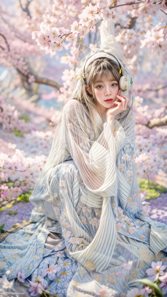 masterpiece、highest quality、cinema、(Details of both eyes)、(cute japanese woman、bangs:1.3)、23 years old、1 girl、elegant、black hair、cyber punk、van gogh style、(auraroid photo:1.4)、(cherry blossoms:1.4)、squat