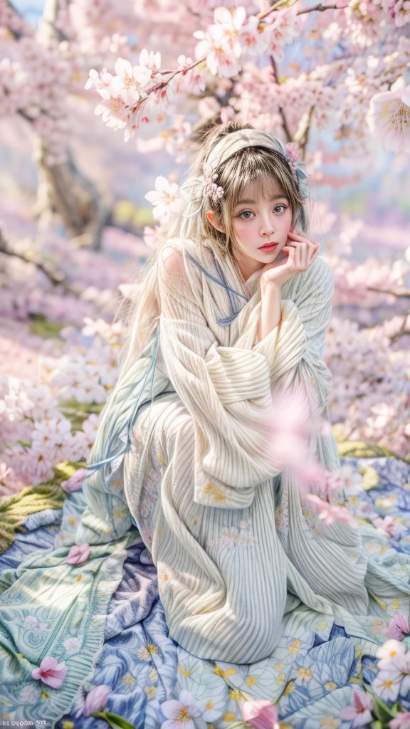 masterpiece、highest quality、cinema、(Details of both eyes)、(cute japanese woman、bangs:1.3)、23 years old、1 girl、elegant、black hair、cyber punk、van gogh style、(auraroid photo:1.4)、(cherry blossoms:1.4)、squat