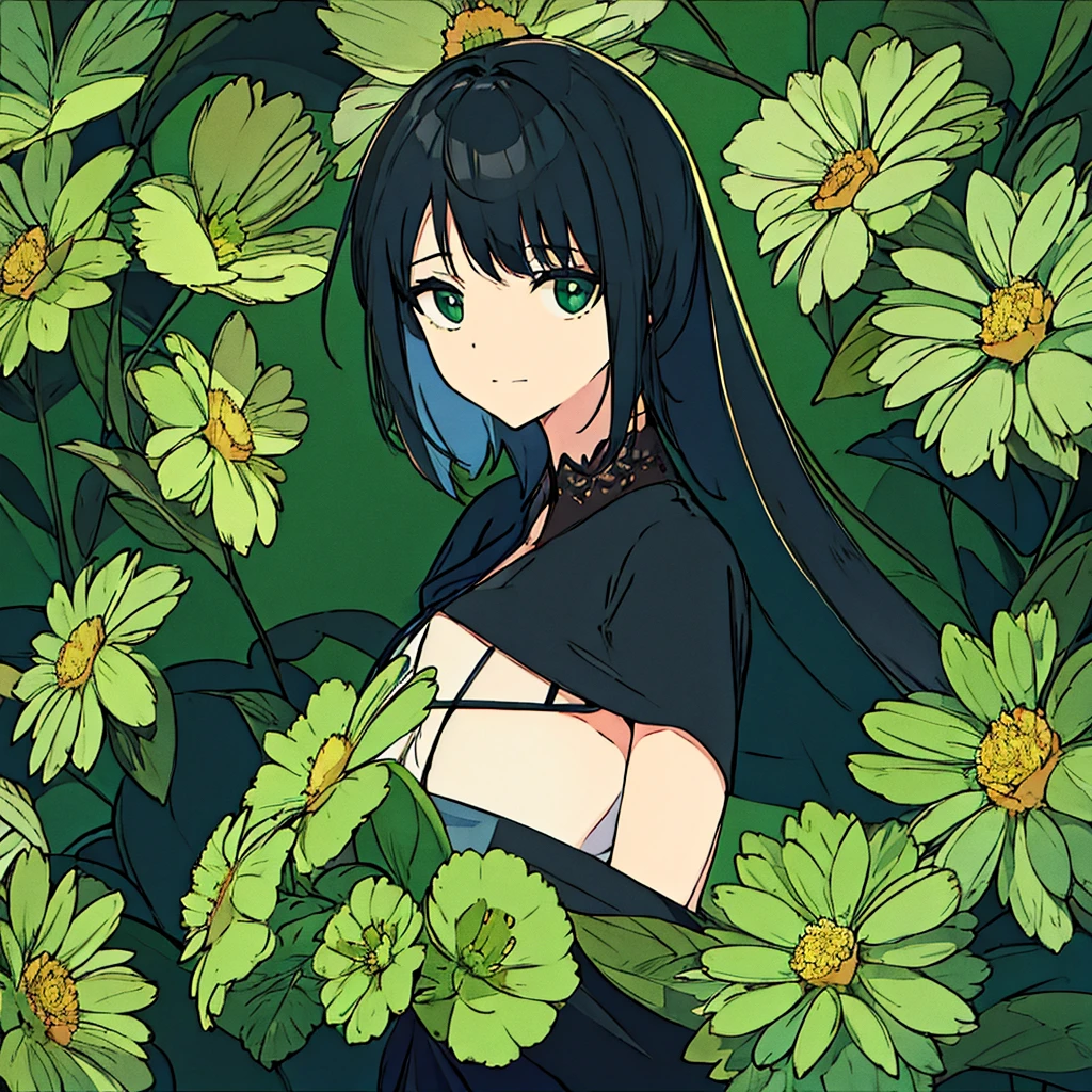 Green background, plain, simple, woman in black, flower
