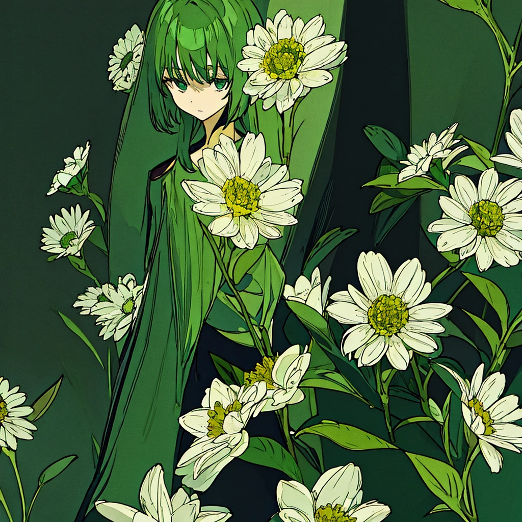 Green background, plain, simple, woman in black, flower