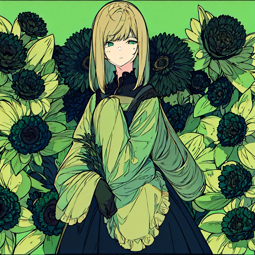 Green background, plain, simple, woman in black, flower