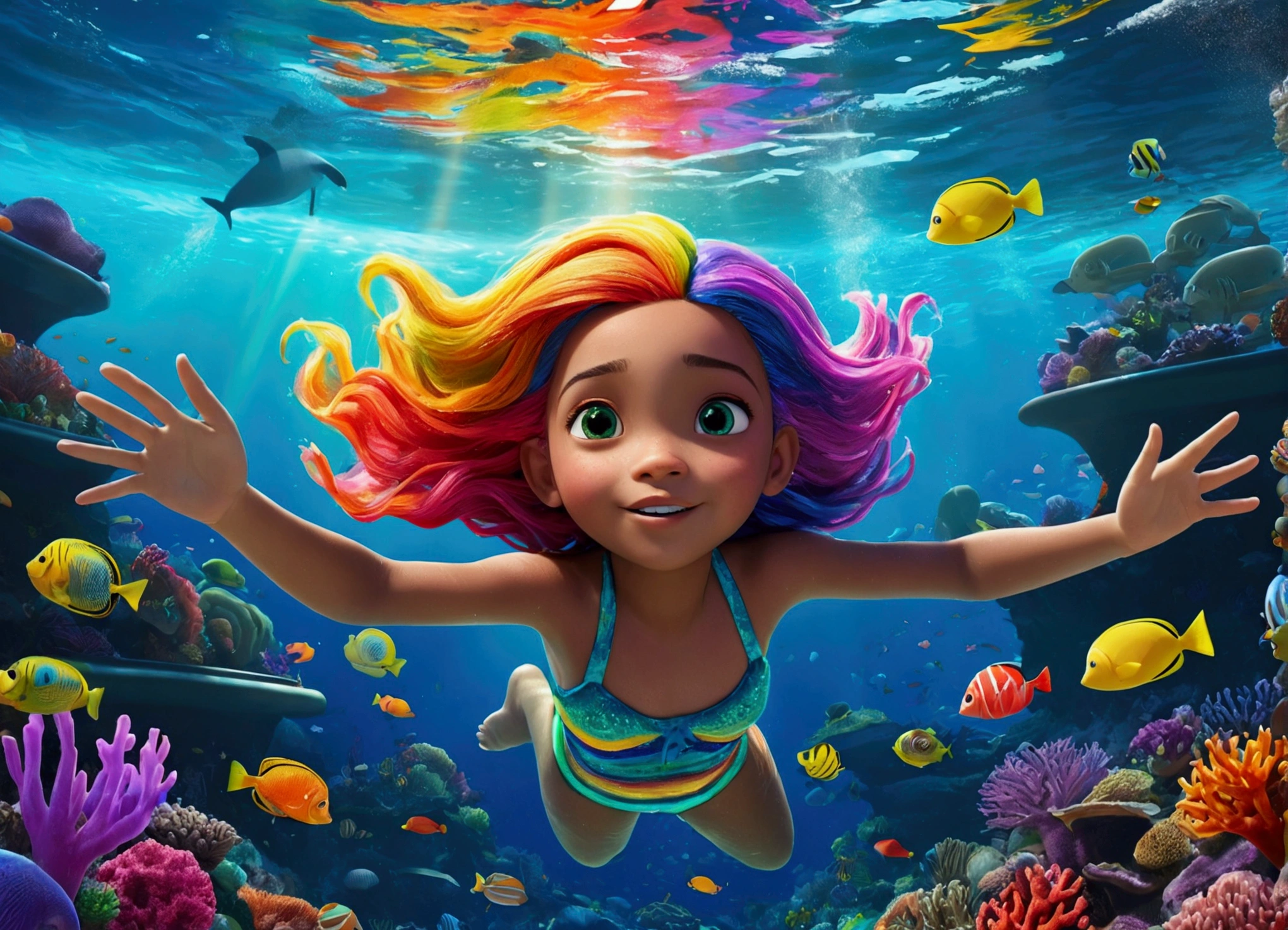 with huge, sparkling green eyes and bright, multi-colored rainbow hair swims underwater in the depths of the sea. Her hair flows around her, she jumps and pushes off with her arms and legs, moving with the grace of an experienced swimmer. In the background is a vibrant and colorful seabed, filled with exotic marine life and coral reefs, emitting bright energy. The scene is rendered in Pixar's highly detailed and vibrant 3D style, with dynamic, cinematic composition and vibrant colors, conveying beauty, the charm and motivating spirit of the scene. Specifications: 4K UHD resolution Realistic underwater environment High level of detail and brightness Dynamic, cinematic composition Focus on the 's unique appearance Bright and colorful rainbow hair Exotic sea life and coral reefs in the background Focus on the little girlments and swimming technique Lighting, highlighting the beauty and charm of the scene Incorporating Disney Pixar style for added visual appeal. anatomically correct fingers Translated by DeepL.featuring (Free Version)
