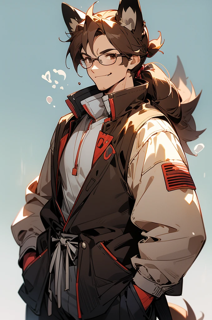 muscular, glasses, brown hair, glasses, smirk, school background, upper body, man bun, brown eyes, cowboy shot, dog human,dog tail, dog ears, arms in pockets, mature male