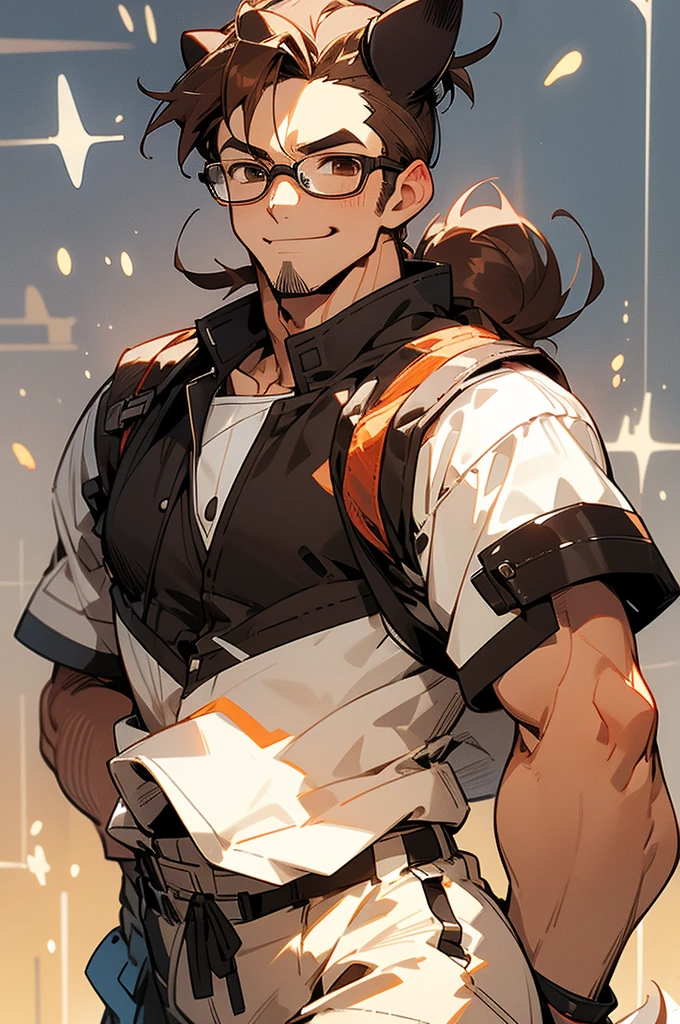 muscular, glasses, brown hair, glasses, smirk, school background, upper body, man bun, brown eyes, cowboy shot, dog human,dog tail, dog ears, arms in pockets, mature male