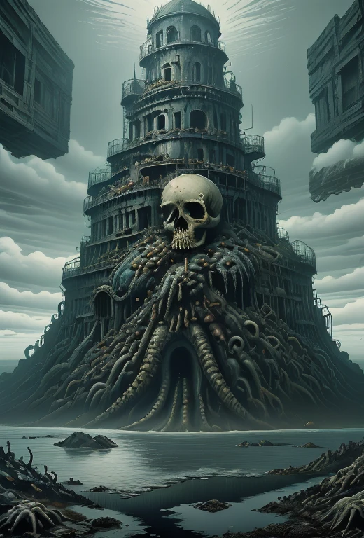 painting of a pirate island with a treasure chest and a skull, epic surrealism 8k oil painting, 4 k surrealism, SurrealArtista, SurrealArt, fantasy artistic painting, fantasy surrealism, skull island, mysterious Island, surreal oil painting, epic mysterious surrealism, epic surrealism, surrealistic painting, illusion SurrealArt, surrealistic painting, SurrealArt e fantasia, First work Surrealism, disgusting, nasty, nightmarish, disturbing, by Junji Ito