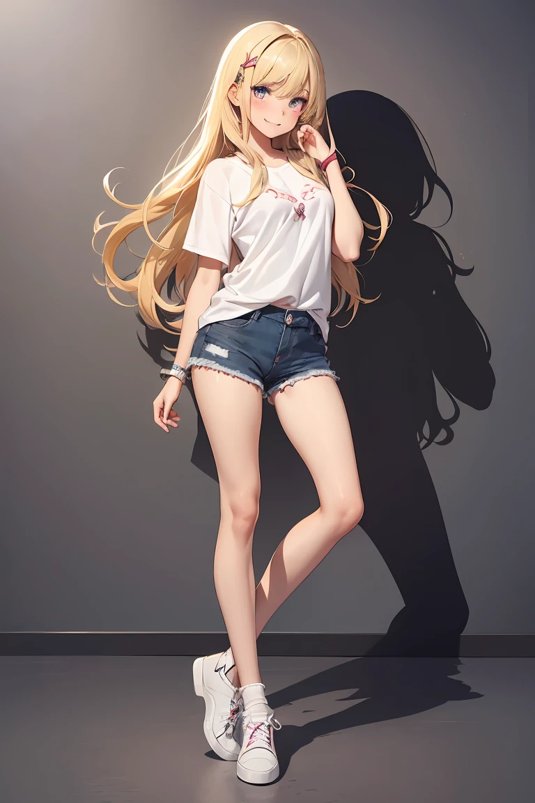 ((1 girl)), fine, Grin, Latest Fashion Trends, (Hairpins in the bangs), younger sister, sneakers, Denim shorts, Black Pantyhose, かわいいyounger sister, Full Body,((Very detailed,Highest quality, High resolution, 8k wallpaper, Beautiful clothes,)),((blonde, Long Hair,Straight hair)), blush , (Crimson Eyes),eye shadow, eyeliner,Glow Eye, Very detailedな目, Beautiful Eyes, -yeld gi Accurate anatomy