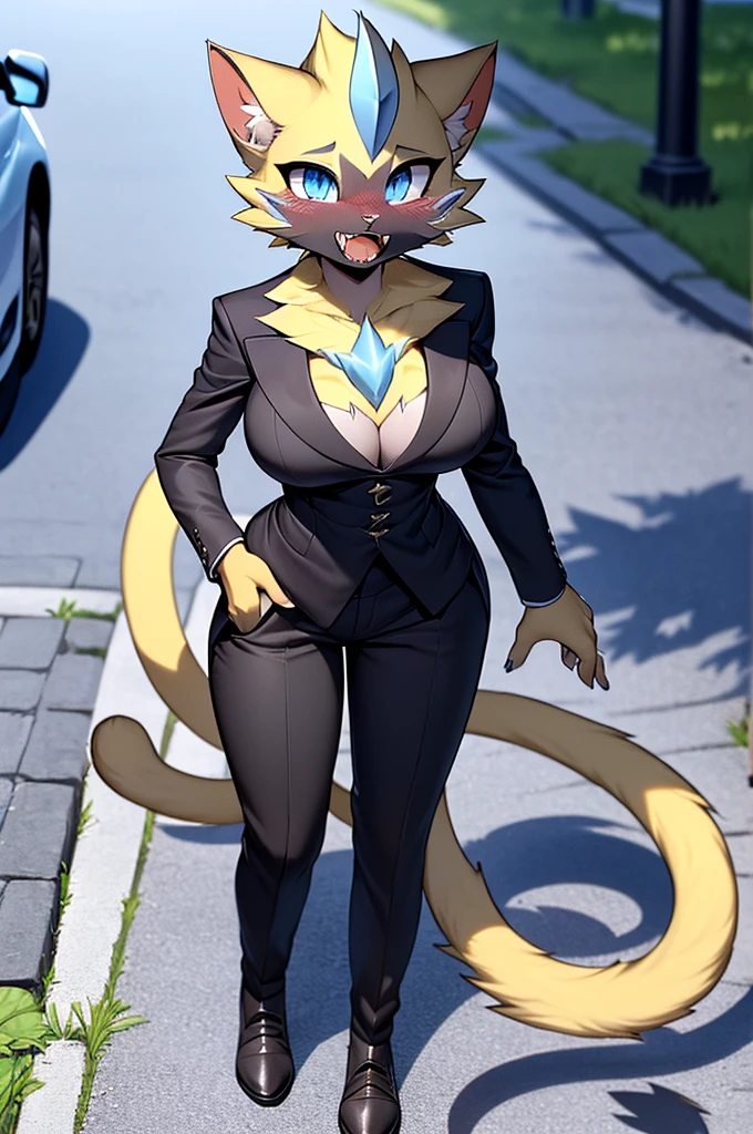 zeraora lora (zeraora)(woman) (medium size tits), blush, (27 years old)(young adult),  1girl, 1boy, (good anatomy), (cat teeth),, (front view), perfect body, detailed eyes, sidewalk, solo, feline, [blue] standing, standing straight, medium size ass, detailed mouth, (tailored suit), (black dress pants)