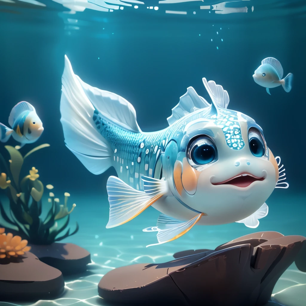 Fish swimming in the water, Adorable digital painting, Cute and detailed digital art, Cute 3D rendering, Cute digital art, Stylized as a 3D rendering, Beautiful digital art, Beautiful digital illustrations, Amazing digital illustrations, 3D rendering style, Stylized 3D rendering, Stylized 3D, small fish swimming, 3D CG、((Sad face with tears))
