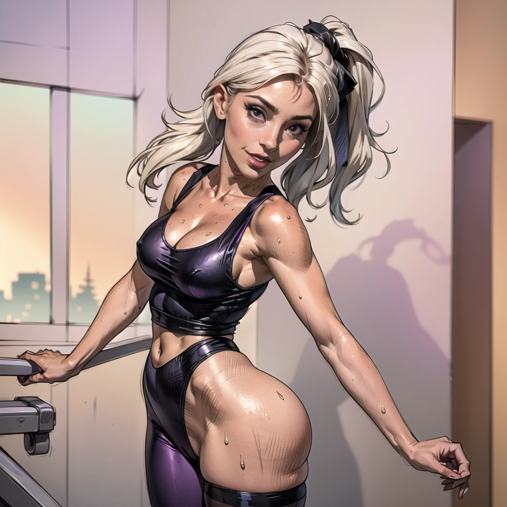 ((ultrahigh resolution, great quality)), (((8k, photo and raw, best quality, masterpiece, hyperrealistic))), incredible, extremely detailed, sharp focus, real person, only one girl, ((1 very girl attractive and beautiful)), (((((Lena Paul's facial features))))), (((((Lena Paul's face))))), (((((long platinum blonde hair with ponytail))))), (((green eyes))), Detailed face, ((twenty one years)), ((model body, sexy body, slim body)), ((((Lena Paul in the gym with sexy purple and black, purple and black lycra, 4D Stretch sports bra with round neckline and raspberry V-back, black leggings, purple and black tights, purple tank top, in the gym, sweaty, hairstyle with ponytail, sweaty skin, sweaty hair, playboy photo style, captivating and tempting, posing smiling, Lena Paul, Realistic, sensual look, sexy, Instagram model, Sensual, sexy smile, sensual posing, natural pose, happy and sexy expression, goddess, perfect physical proportions, peeping from behind, View from behind, view from back, shot from behind)))), ((beautiful smile, sexy smile)), ((perfect mouth)), ((perfect legs)), navel piercing, (Beautiful face), sinuous look, sexy look, half smile, stitching, (((real skin))), (((detailed skin))), cinematic lighting, ((perfect detailed and pretty eyes)), ((Highly detailed body, perfect body measurements)), ((detailed and tempting lips)), (((((medium breast))))), ((marking body clothes, Marked breasts, Generous cleavage)), 1 navel, rosy cheeks, ((Juicy and sexy lips, perfect lips)), naughty smile, wild and sexy hair, Full body view, ((masterpiece)), (((best quality))), (((ultra high))), (((hyperrealistic))), (((photorealistic))), Highly detailed CG unit 8k wallpaper, shot style, complex, High detail, Dramatic, Highest Quality Movie Still Image, Masterpiece, Best Quality, Realistic Ultra Detailed Rendering Style, ((Natural Light)), Crisp Characte, DSLR, Fujifilm XT3, intricate details, natural photography, natural light, (sketch effect)