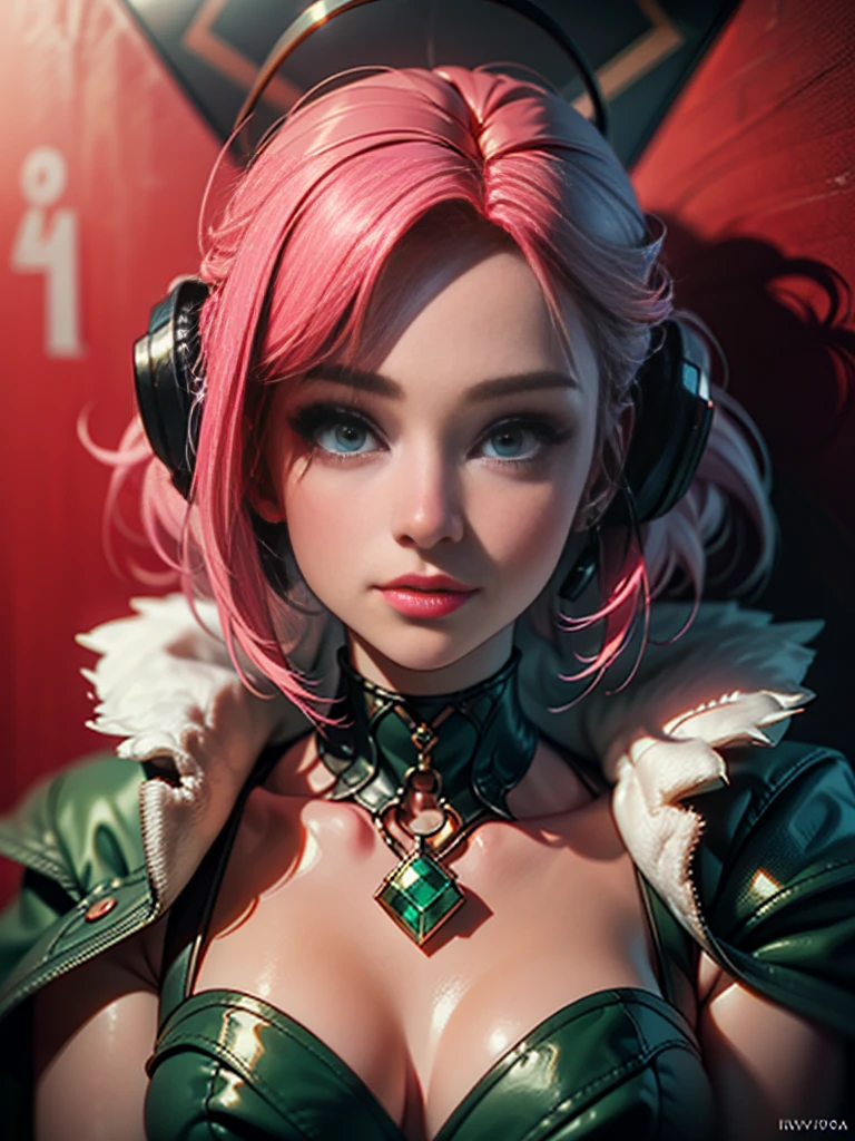 Girl model in headphones, city background, emerald green eyes, pink hair, complex parts, Aesthetic pastel colors, Background poster, art by Ilya Kuvshinov