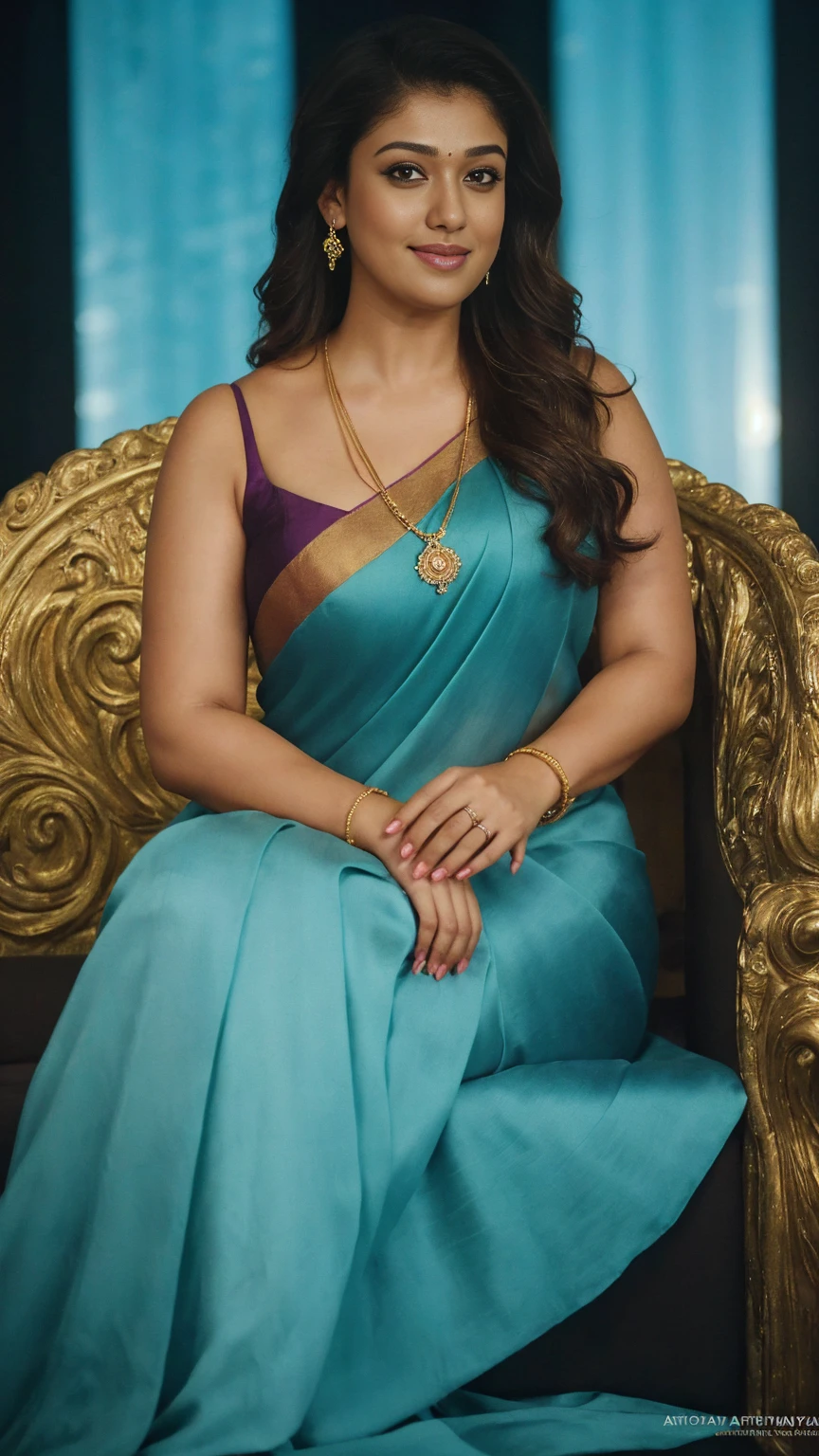 night scene, close up photo of nayanthara, curvy, hourglass figure, swooping breasts, royal pose on throne, look at viewer and subtle smile, satin silk blue saree, sultry, 36 yo, HD, 4k, ultra high quality, (cinematic:1.3), intricate details, (ArtStation:1.2)