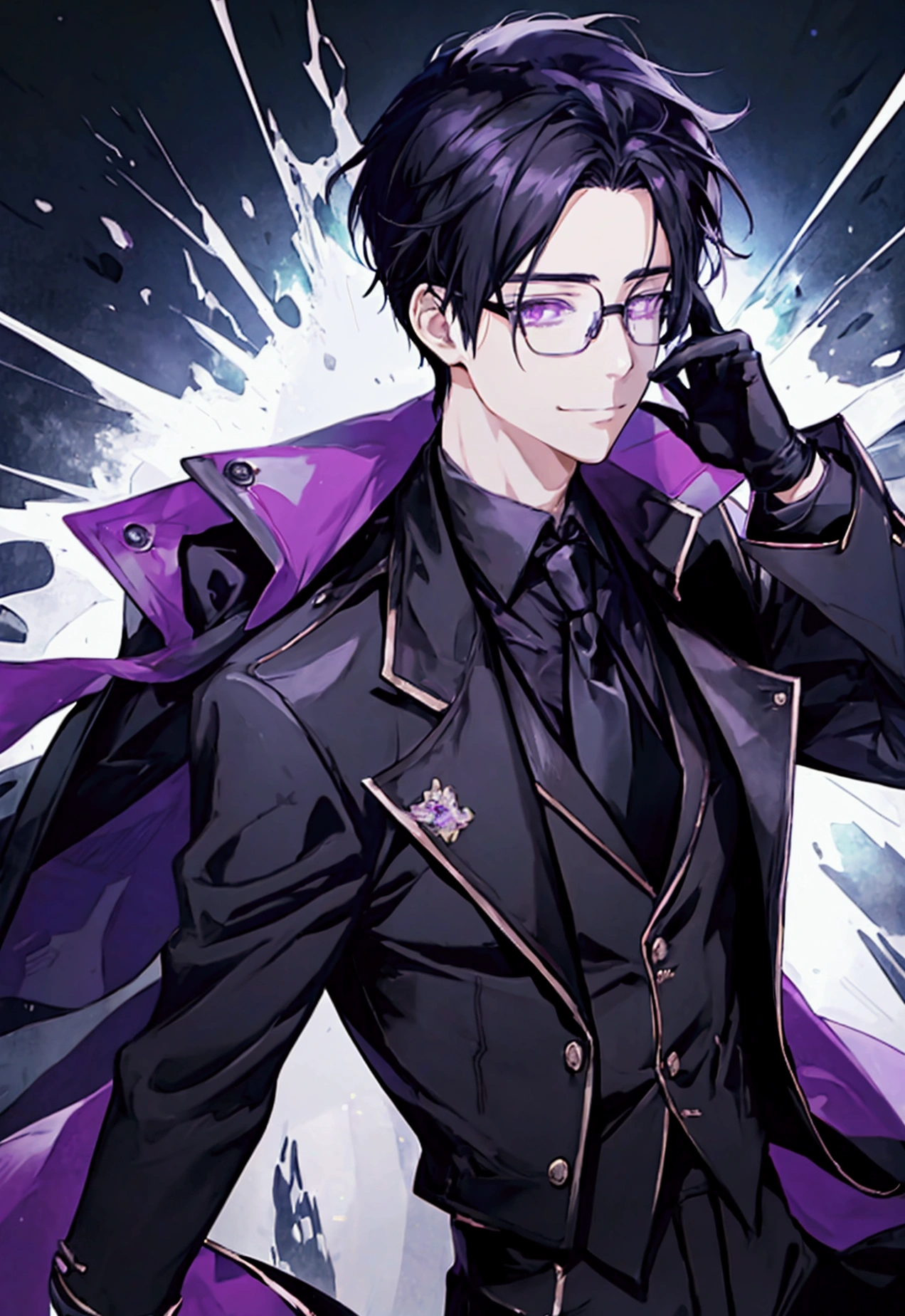 an anime image of the guy in the glasses and coat holding his glove, 1boy, male focus, gloves, glasses, black hair, purple eyes, solo, black gloves, necktie, smile, shirt, jacket, looking at viewer