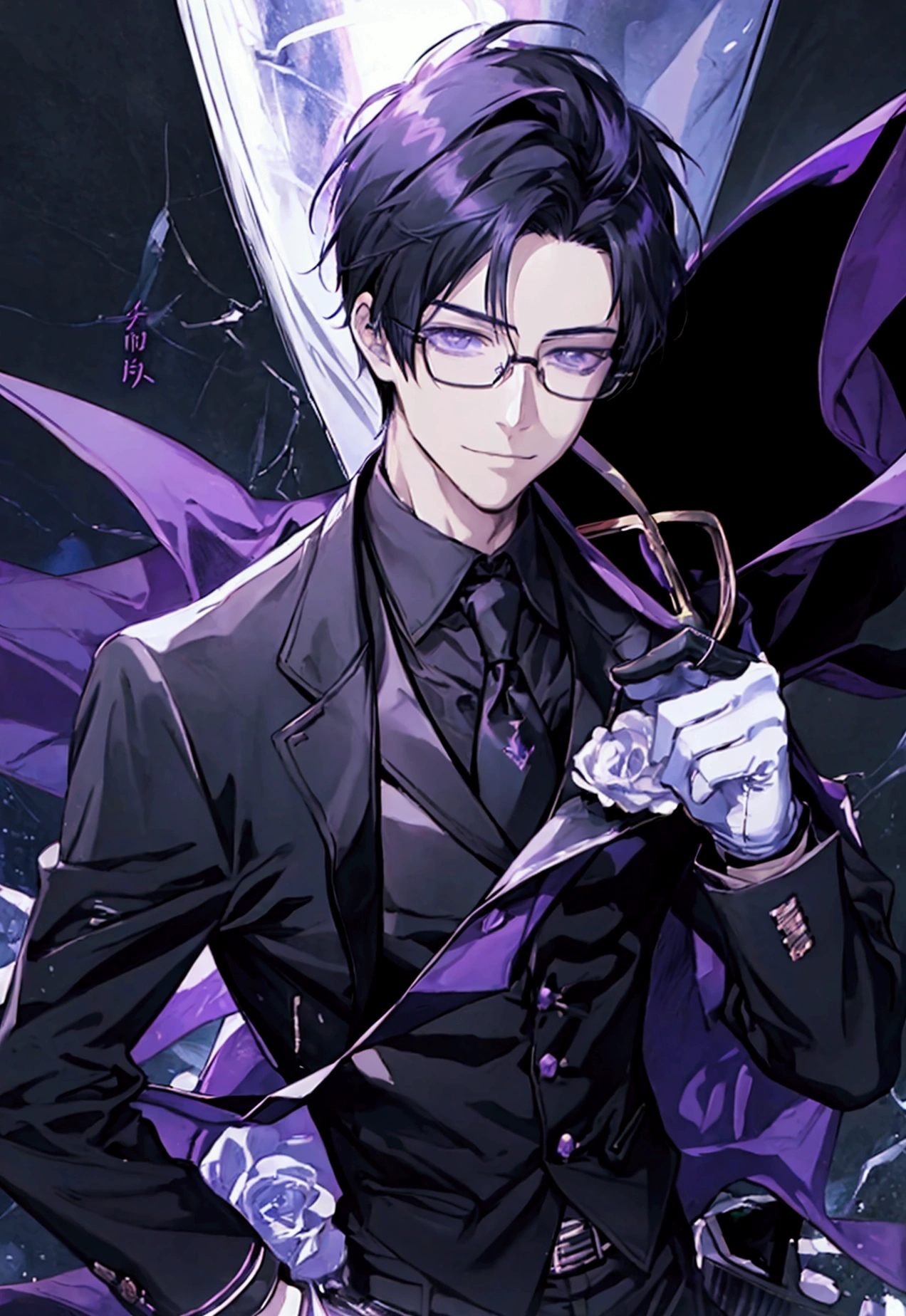 an anime image of the guy in the glasses and coat holding his glove, 1boy, male focus, gloves, glasses, black hair, purple eyes, solo, black gloves, necktie, smile, shirt, jacket, looking at viewer