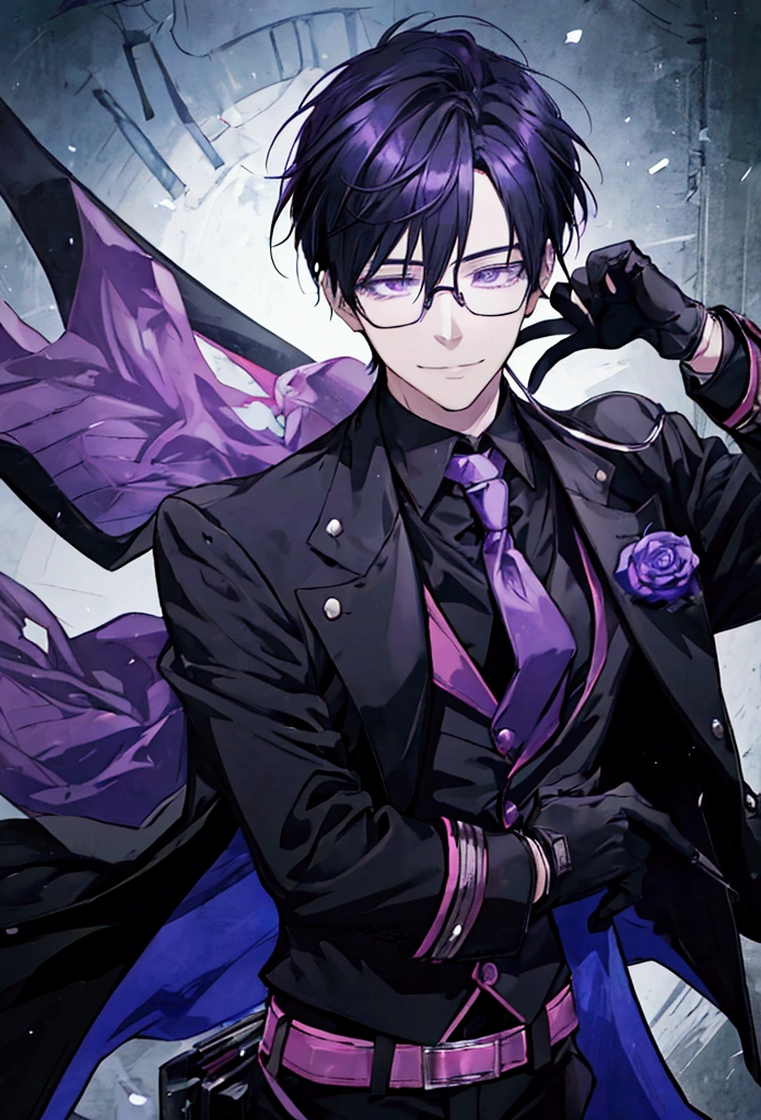 an anime image of the guy in the glasses and coat holding his glove, 1boy, male focus, gloves, glasses, black hair, purple eyes, solo, black gloves, necktie, smile, shirt, jacket, looking at viewer