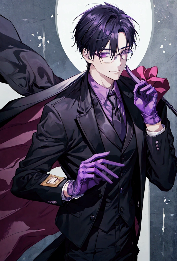 an anime image of the guy in the glasses and coat holding his glove, 1boy, male focus, gloves, glasses, black hair, purple eyes, solo, black gloves, necktie, smile, shirt, jacket, looking at viewer