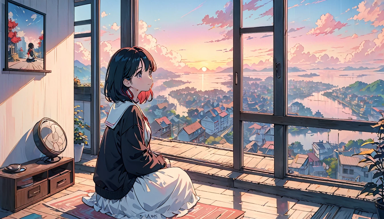 anime girl sitting on floor looking out window at city, anime aesthetic, anime vibes, Lofi Artstyle, Low-fi portrait by the wall, Watching the sunset. anime, Lofty Girl, anime art wallpaper 4 k, anime art wallpaper 4k, anime art wallpaper 8 k, anime background art, Lofi Color, Lofi Art, anime asthetic